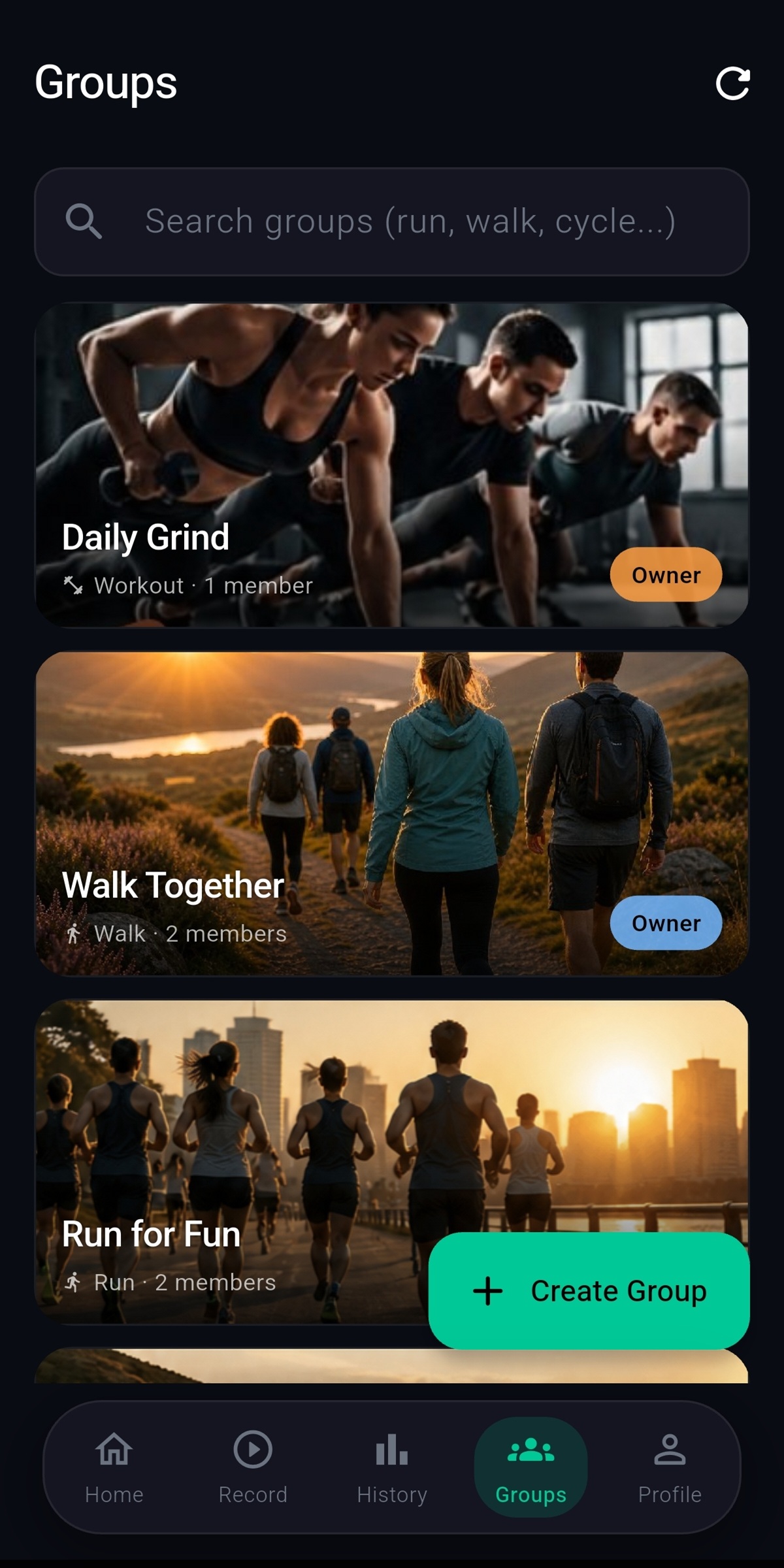 Group challenge detail with leaderboard and progress