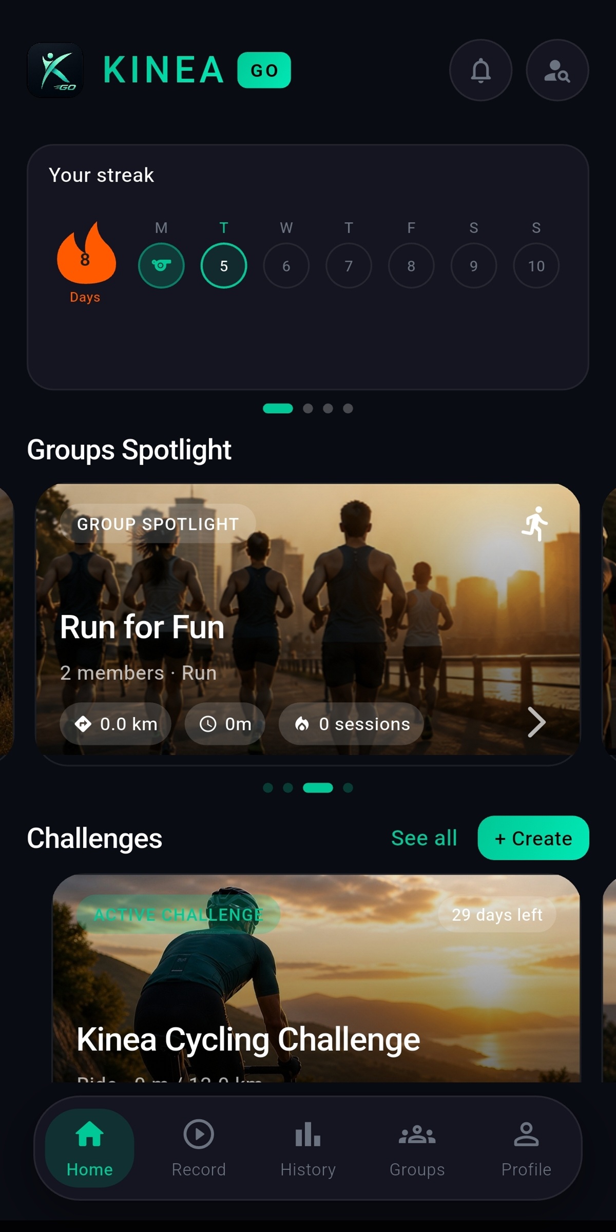 Kinea Go home screen showing streak, groups and challenges
