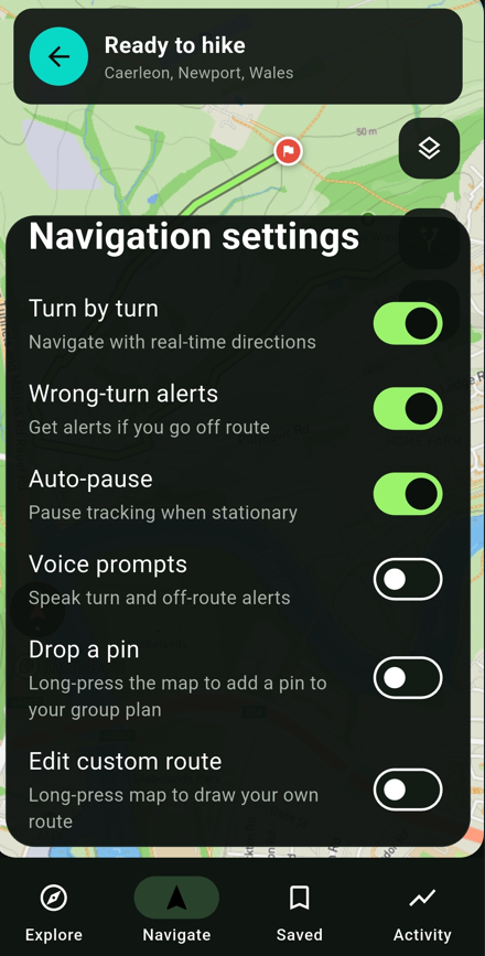 Kinea Hike navigation settings with turn-by-turn directions