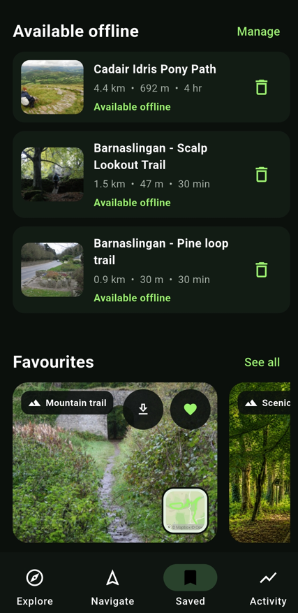 Saved and offline trails in Kinea Hike
