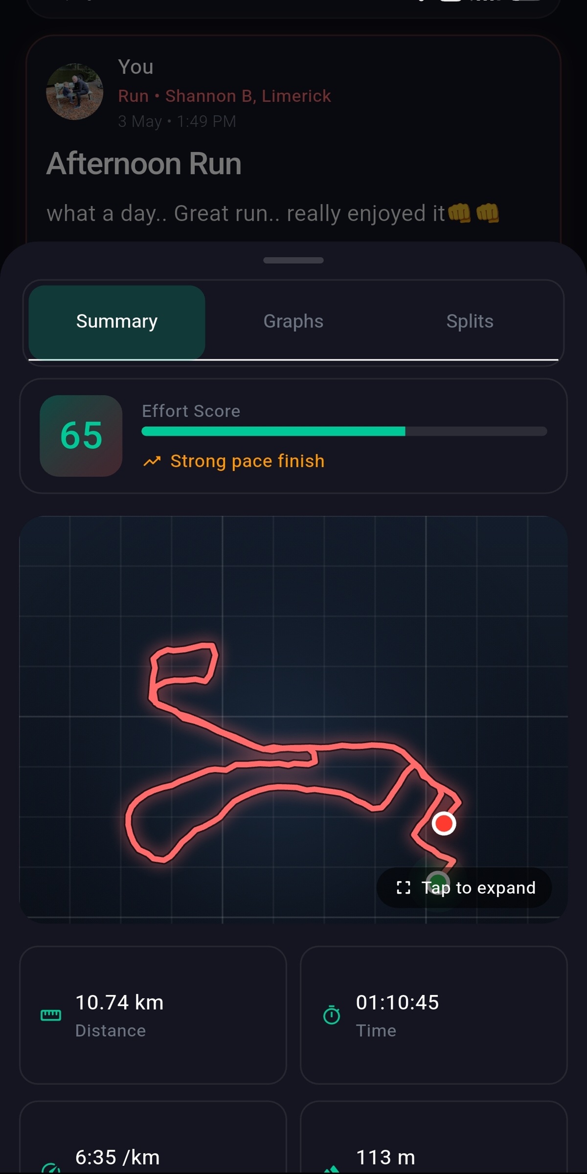 Activity summary with GPS route map and effort score