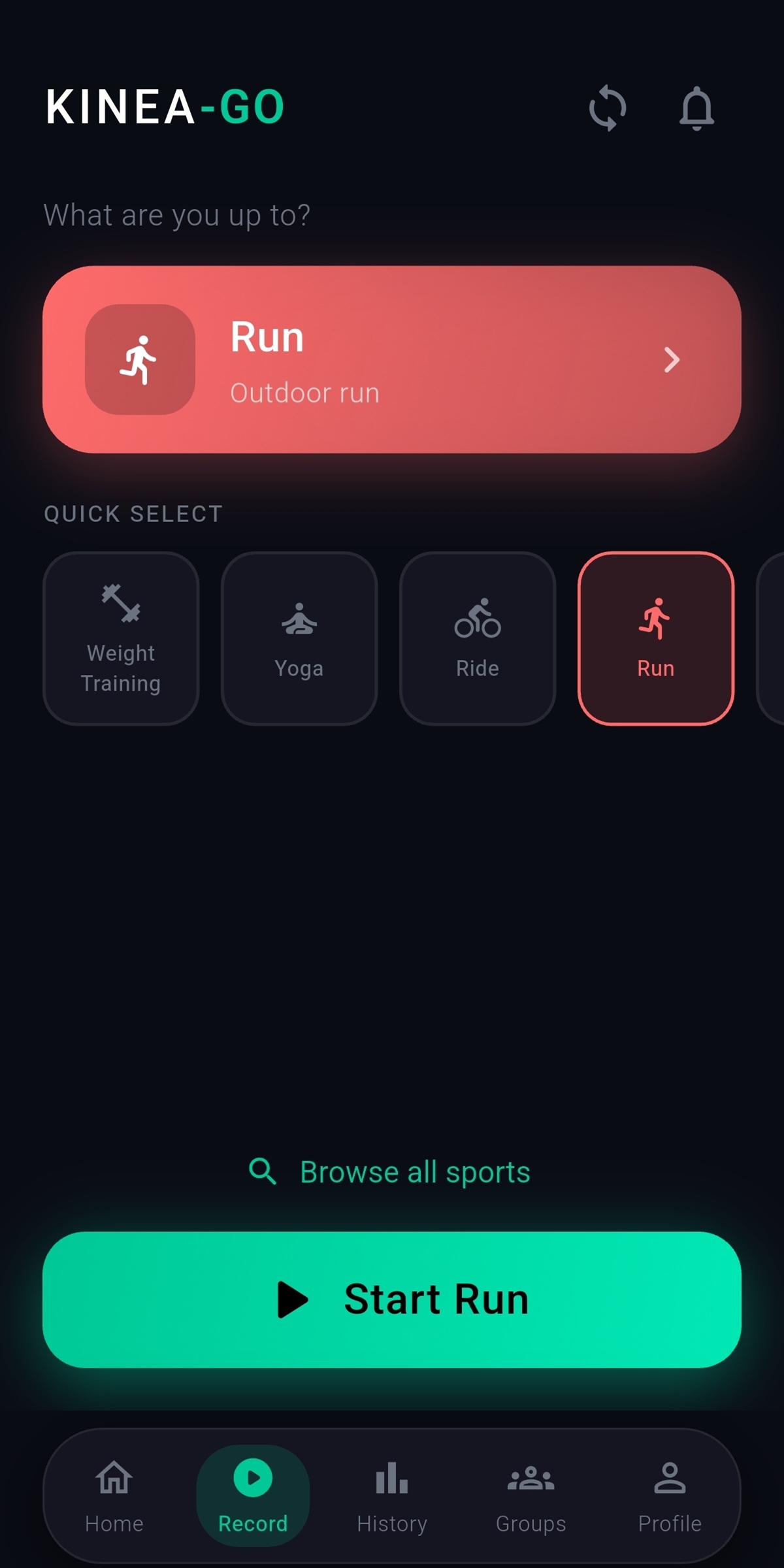 Record screen — choose your sport and start tracking